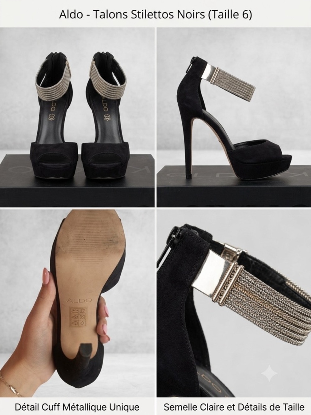 Aldo Black Suede Platform Stiletto Sandals with Metallic Chain Cuff